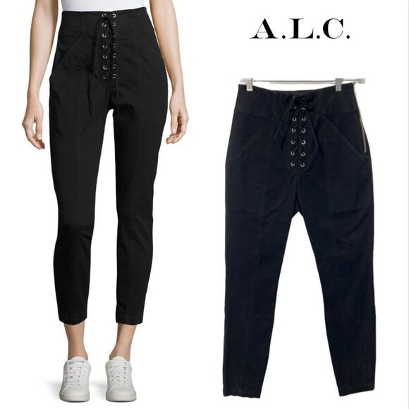 A.L.C. High Waist Crop Ankle Small NWT !! Lace Up Fly Black Pant Sz 4 - Picture 1 of 14
